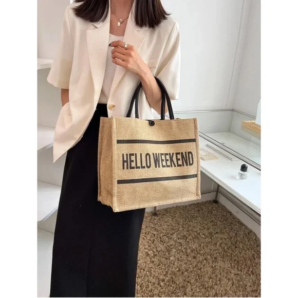 Hello Weekend Graphic Top Handle Tote Bag - Picture 5 of 6